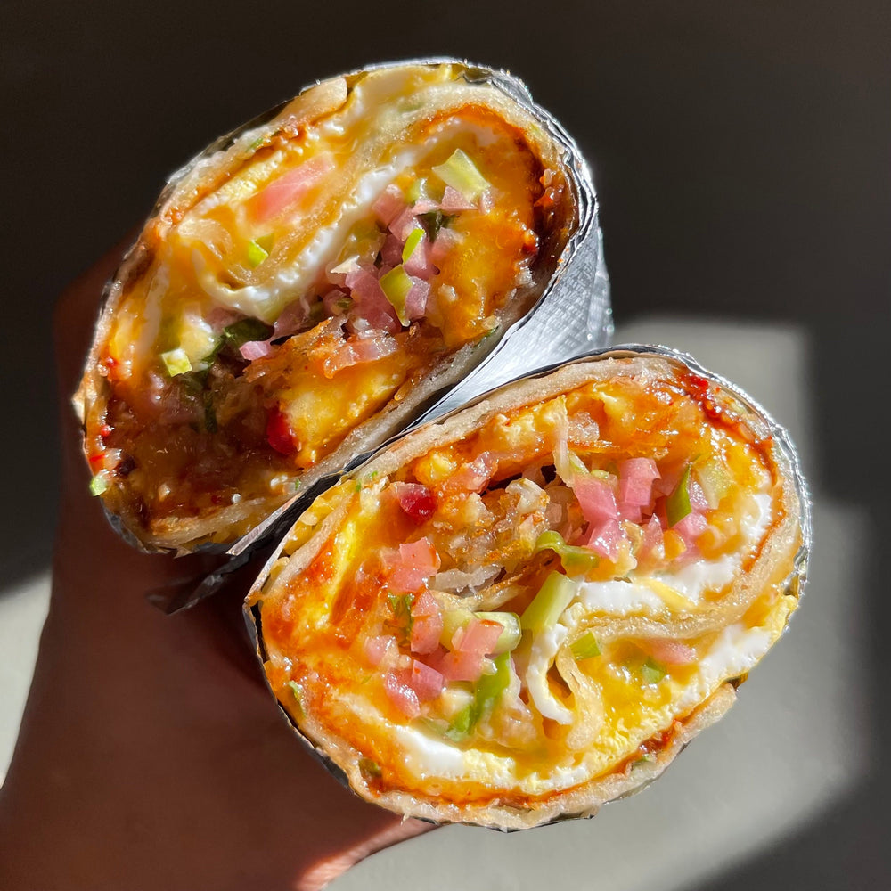 Chinese Sausage, Egg, and Cheese Scallion Pancake Breakfast Burrito